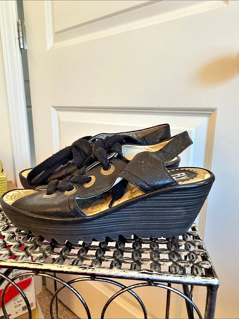 Fly London Black & Gold Lace-Up Wedge Sandals 39